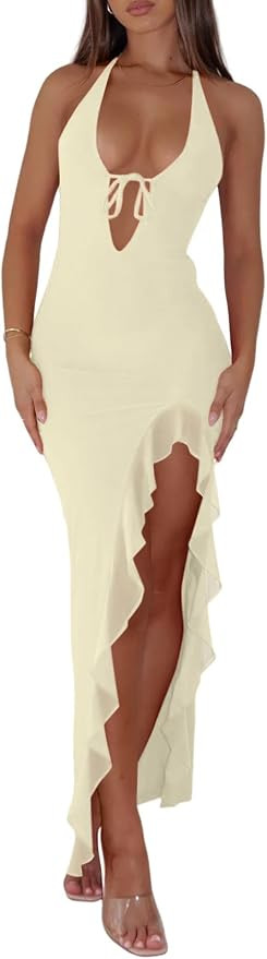 Women Sexy Halter V Neck Maxi Dress Mesh Ruffle Hem Bodycon Backless High Slit Cocktail Party Wed... | Amazon (US)