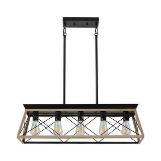 Tryns 32 in. 5-Light Black Farmhouse Chandelier Light Fixture with Caged Metal Shade | The Home Depot