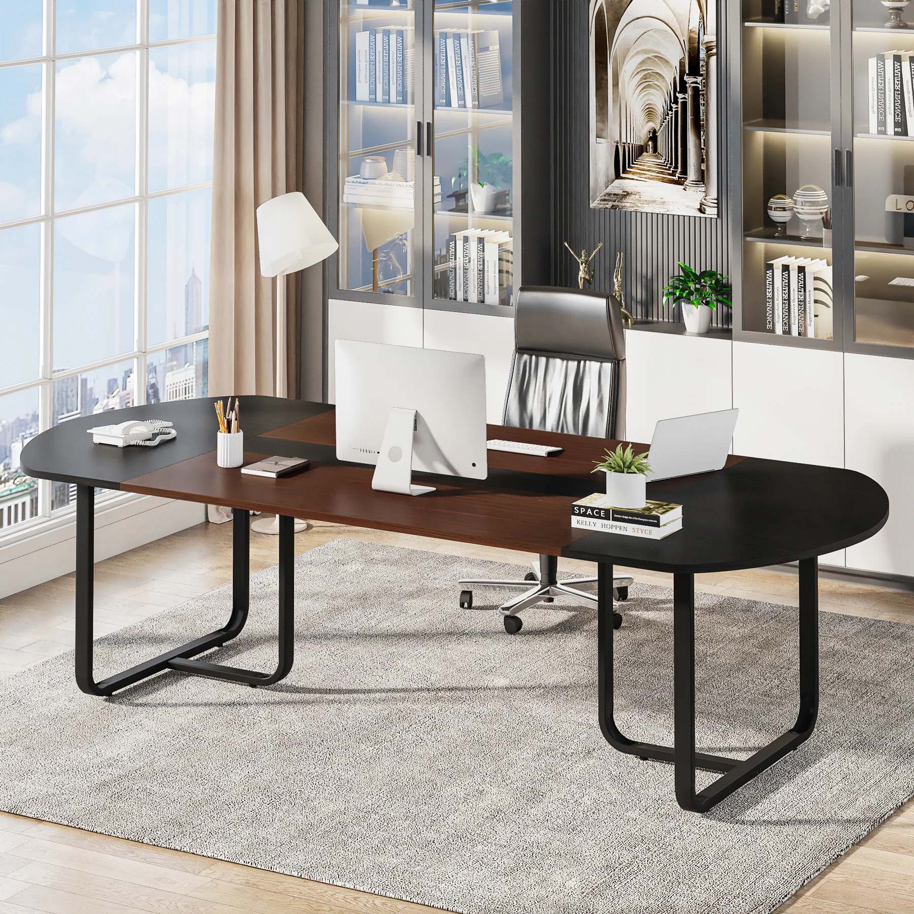 Fnova Walnut and Black Contemporary/Modern MDF Dining Table, with Powder Coated Finish and Metal 70.86-in L x 29.52-in H | LWTJ-NY0102 | Lowe's