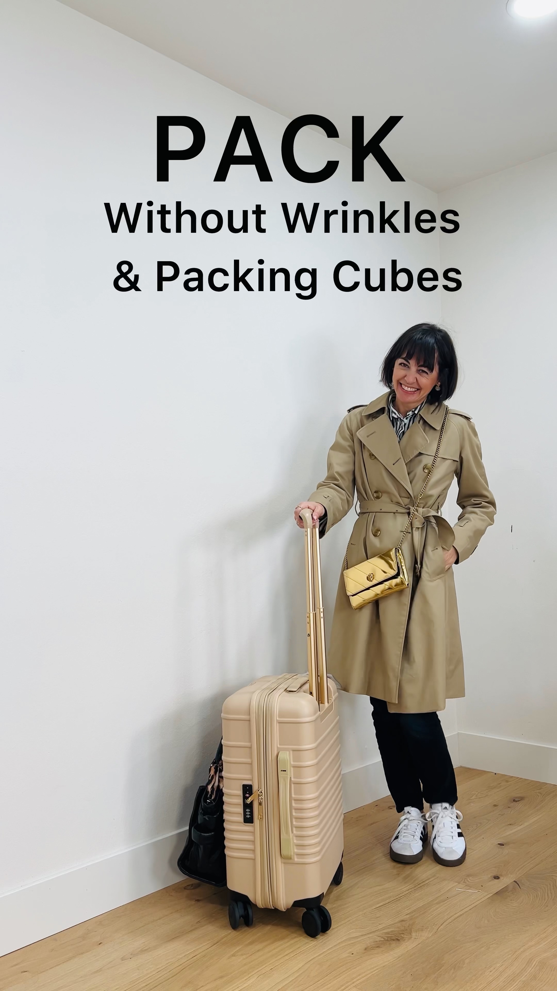 This packing hack works for any trip with any size suitcase. 

For this demonstration I used a carryon and this version of my carryon capsule wardrobe - 9 pieces that mix and match to make 49 outfits. Download the checklist, links, and look book to customize your own at closetchoreography.com

1. Straight leg dark jeans
2. Slim black pants
3. Black bodysuit 
4. Striped Button-up 
5. Oversized v neck cardigan
6. Convertible skirt/dress
7. Wrap Sweater
8. Twilly
9. Trench