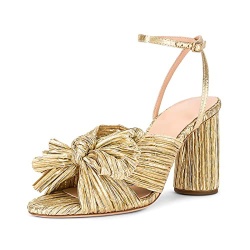 MICIFA Gold Bow Heels for Women, Ankle Strap Block Chunky Heels Open Toe Bow Knot Heeled Sandals Bride Wedding Shoes | Amazon (US)