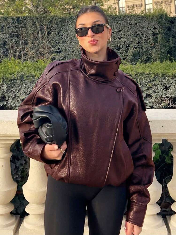 Women's Black PU Leather Jacket, Long Sleeve Zip-Up Bomber Jacket, Autumn/Winter Outerwear, Street Style | SHEIN