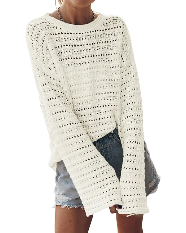 Sidefeel Womens Sweaters Lightweight Casual Long Sleeve Loose Crochet Hollow Out Knit Pullover To... | Amazon (US)
