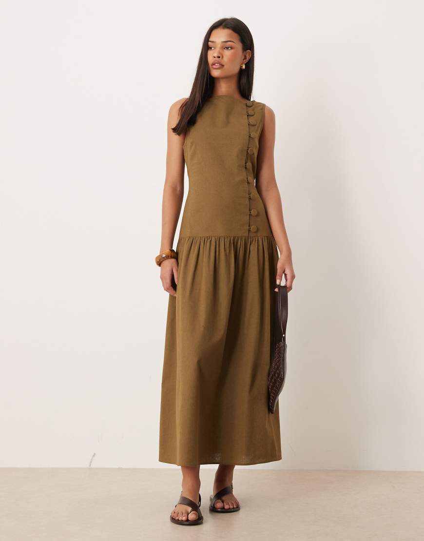 ASOS DESIGN slash neck asymmetric vest maxi sundress with dropped waist in olive-Green | ASOS (Global)