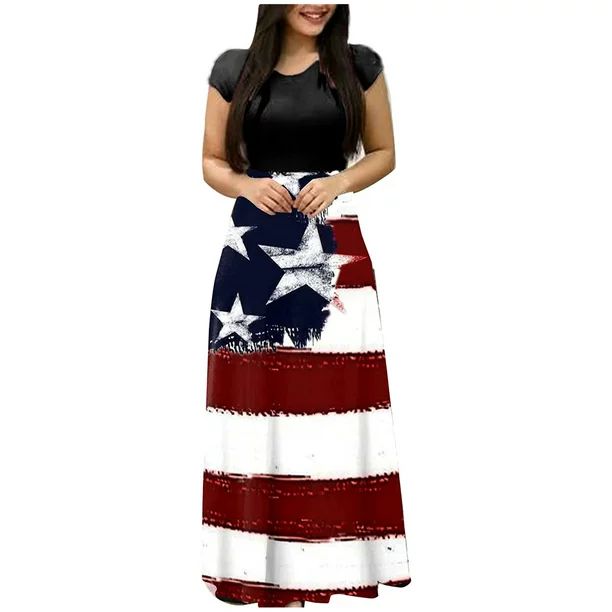 Miximx 4th of July Dress Women Plus Size American Flag Maxi Dress Short Sleeve Round Neck Dress S... | Walmart (US)