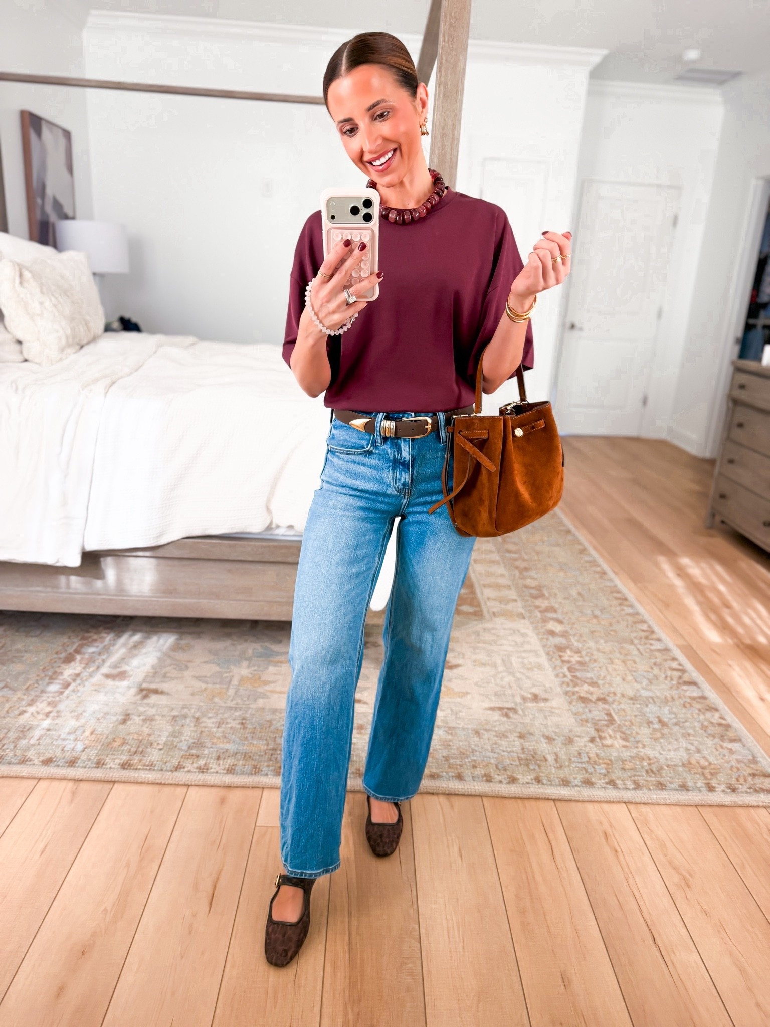My elevated casual ootd here! Fall outfit. Everyday outfit. Mom outfit. Casual outfit. I love this straight leg jeans in 24 short. Aritzia Barclays cinched t-shirt in 2XS. Target belt in XS. Leopard mesh ballet flats are TTS. Suede bucket bag.

#LTKootd #LTKSeasonal #LTKgrwm