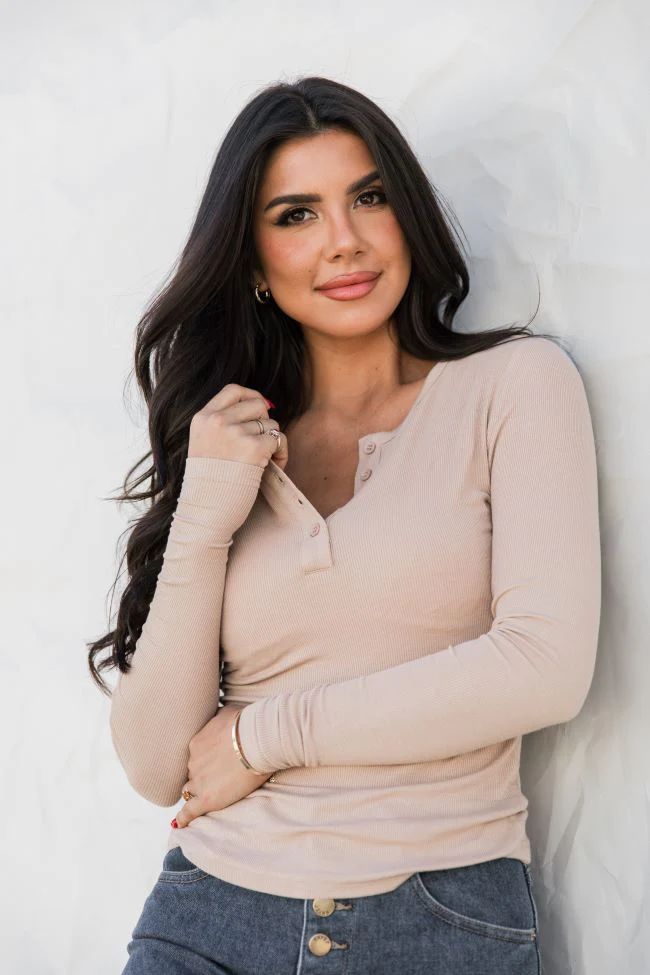 All The Better Tan Ribbed Knit Henley Long Sleeve Tee | Pink Lily