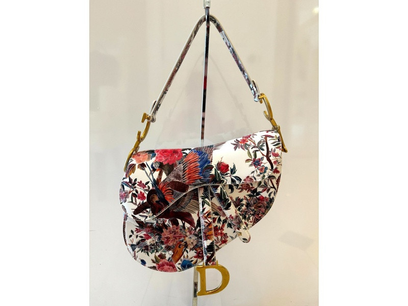 Dior Floral and Bird Print Leather Saddle Bag | JTV Jewelry
