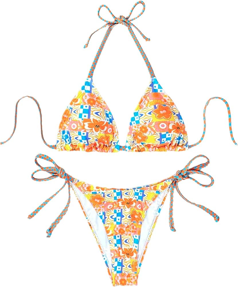 SOLY HUX Women's Halter Swimsuits Floral Print Tie String Bathing Suits Summer 2 Piece Cheeky Bik... | Amazon (US)