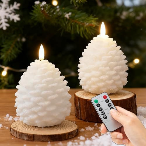 Christmas Flameless Pine Cone Candles with Remote Timer, Battery Operated Flickering Candles, LED Real Wax Pinecone for Christmas Home Decoration, Set of 2, White with Glass Bead Powder (5.5" X 4.1") | Amazon (US)