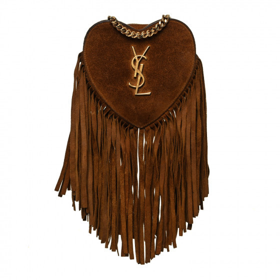 SAINT LAURENT Suede Fringe Small Monogram Love Shoulder Bag Brown | Fashionphile