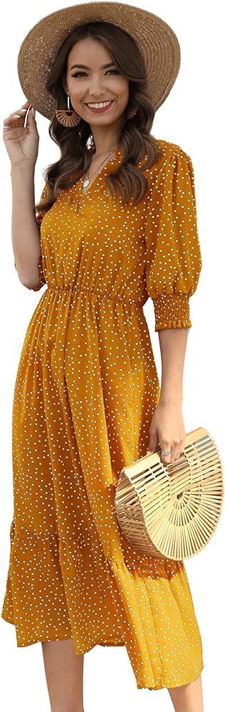 Floerns Women's V Neck Polka Dot Puff Sleeve Ruffle Hem A Line Dress | Amazon (US)