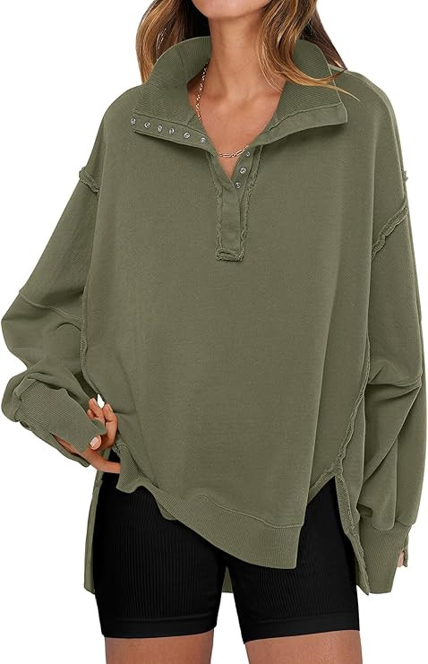 ANRABESS Women's Sweatshirts Oversized Casual Loose Button Up Henley Pullover Top High Low Split ... | Amazon (US)