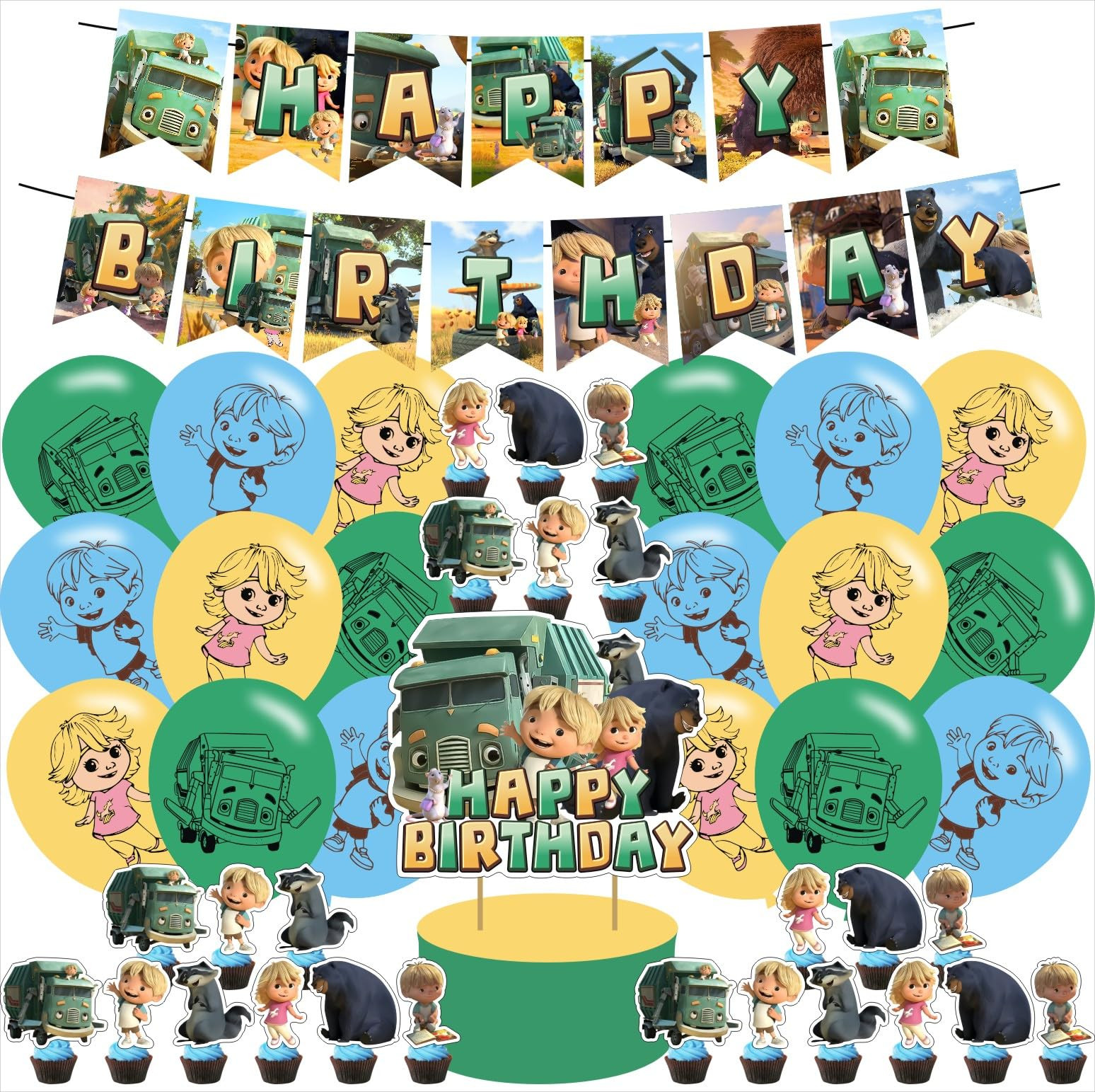 Cartoon Truck birthday party supplies, including cake topper, cupcake toppers, Banner, Latex Ball... | Amazon (US)
