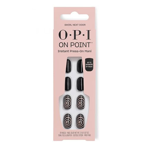 OPI On Point Swirl Next Door | Short Round Black with Abstract Swirls Nail Art Press On Nails | 24 Count with Nail Glue | Long Lasting, Reusable, Non-damaging | Fall 2025 Shades | Amazon (US)