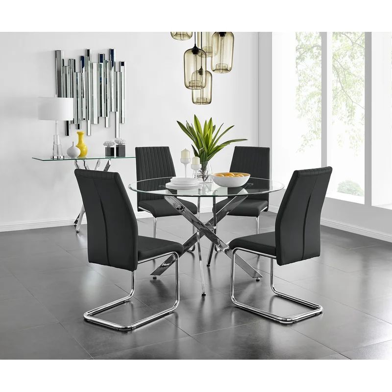 Tierra Sleek Metal and Glass Round Dining Table Set with 4 Faux Leather Upholstered Dining Chairs | Wayfair North America