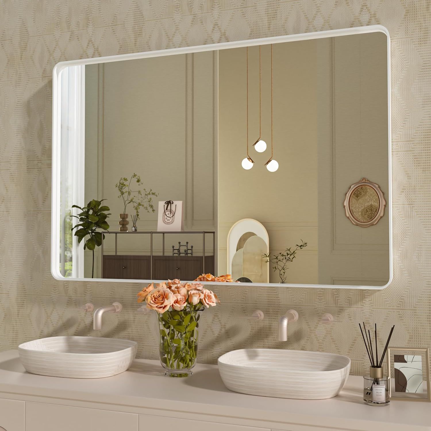 WEER White Bathroom Mirror 48X32 Inch, Rounded Rectangle White Metal Frame Mirror, Matte White Ba... | Amazon (US)