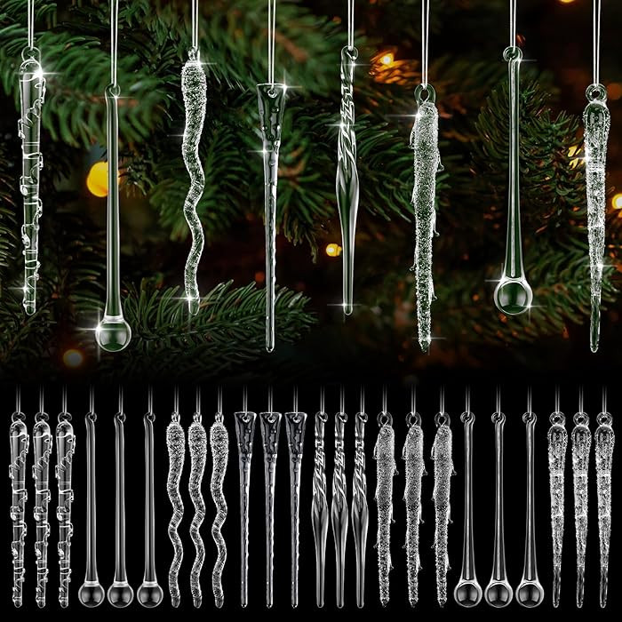 24 Pcs Glass Icicle Teardrops Ornament for Christmas Tree Crystal Handmade Clear Icicles Hanging ... | Amazon (US)