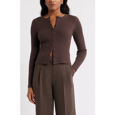 Open Edit Ribbed Crewneck Cardigan in Black at Nordstrom, Size X-Small | Nordstrom