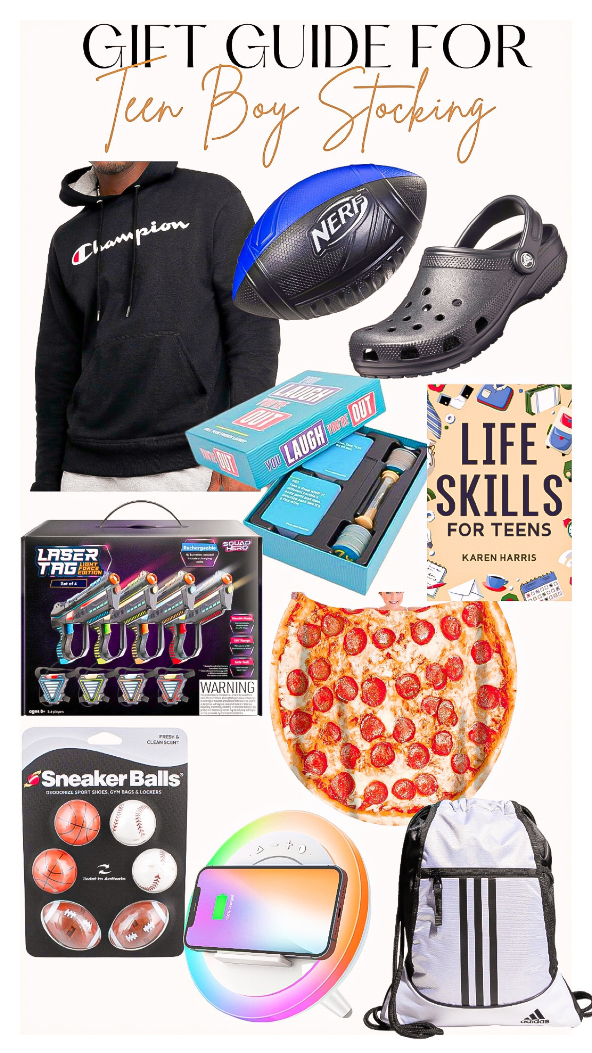 Gift guide for 
Teen boy 🎁

Champion sweatshirt, crocs, nerf football, life skills boots, board game, laser tag, teen boy gifts, pizza blanket, sports , backpack, sneaker balls, gift guide, gift for teen, gifts for him  

#LTKGiftGuide #LTKHoliday #LTKmens