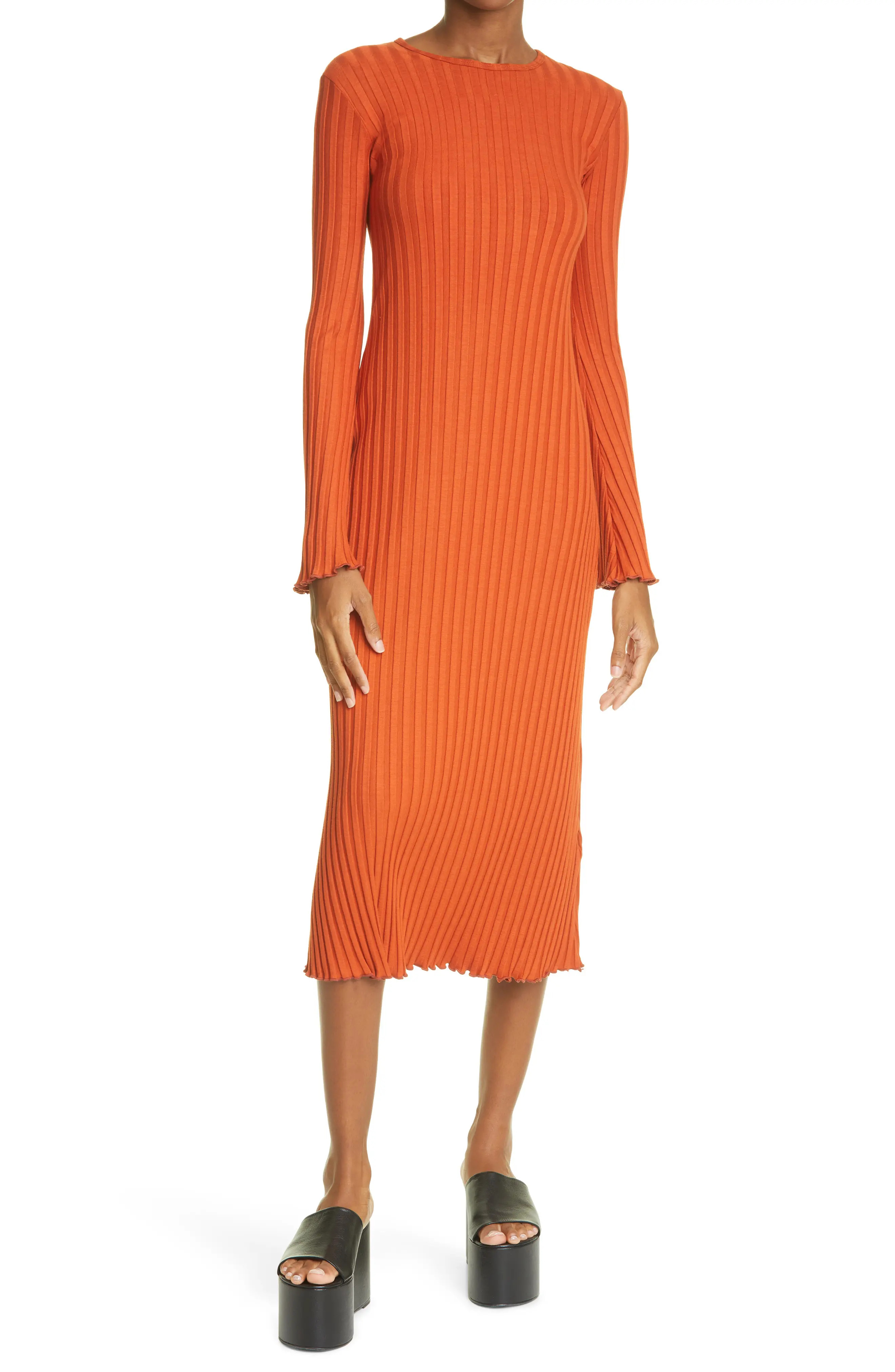 Simon Miller Wells Rib Long Sleeve Midi Dress in Caramel at Nordstrom, Size Large | Nordstrom
