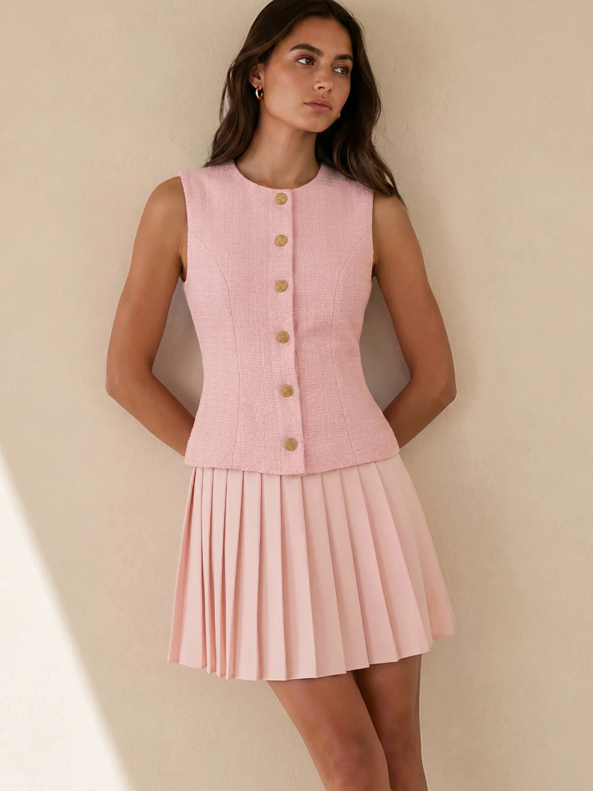 Tweed Sleeveless Pleated Mini Dress | Commense