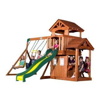 Tanglewood All Cedar Swing Set Playset with Fort, Belt Swings, Trapeze, Rock Wall, Wave Slide, Snack Counter and Bench | The Home Depot