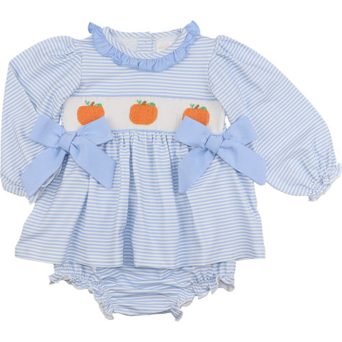 Blue Knit Stripe Smocked Pumpkin Diaper Set | Cecil and Lou
