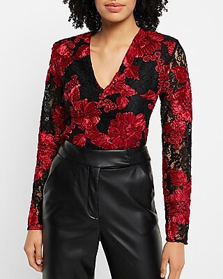 Lace Embroidered V-neck Long Sleeve Thong Bodysuit | Express
