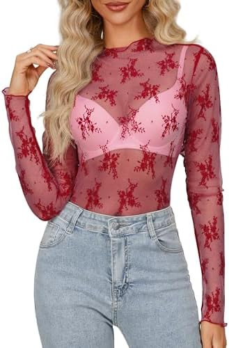Diosun Womens Mesh Sheer Tops Long/Short Sleeve Mock Neck Sexy See Through Shirts Lace Floral Blo... | Amazon (US)