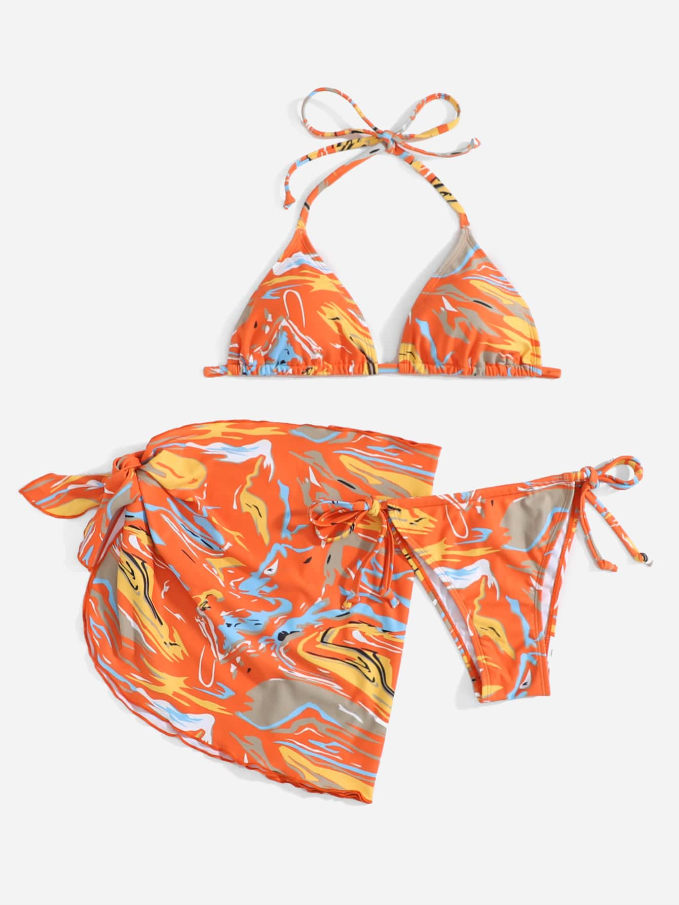 3pack Fluid Pattern Halter Bikini Swimsuit & Beach Skirt | SHEIN