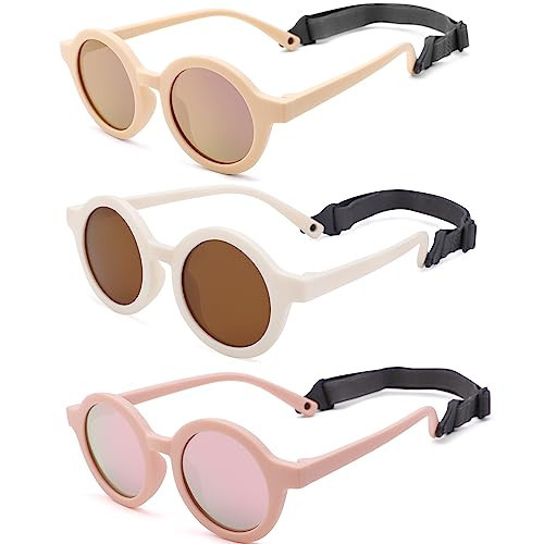 COASION Baby Polarized Round Sunglasses Flexible Rubber Shades with Strap for Toddler Newborn Infant Ages 0-24 Months (Light Pink/Purple-Pink Mirror + White/Brown + Pink/Pink Mirror) | Amazon (US)