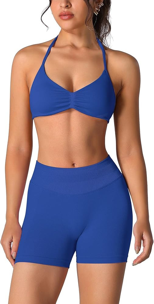 ABOCIW Womens Seamless Workout Sets 2 Piece Strappy Halter Sports Bra Scrunch Butt Shorts Gym Yog... | Amazon (US)
