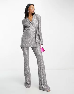 ASOS DESIGN Mix & Match jersey sequin suit in gunmetal | ASOS (Global)