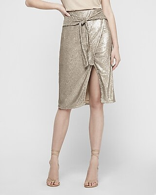 High Waisted Sequin Tie Front Wrap Skirt | Express