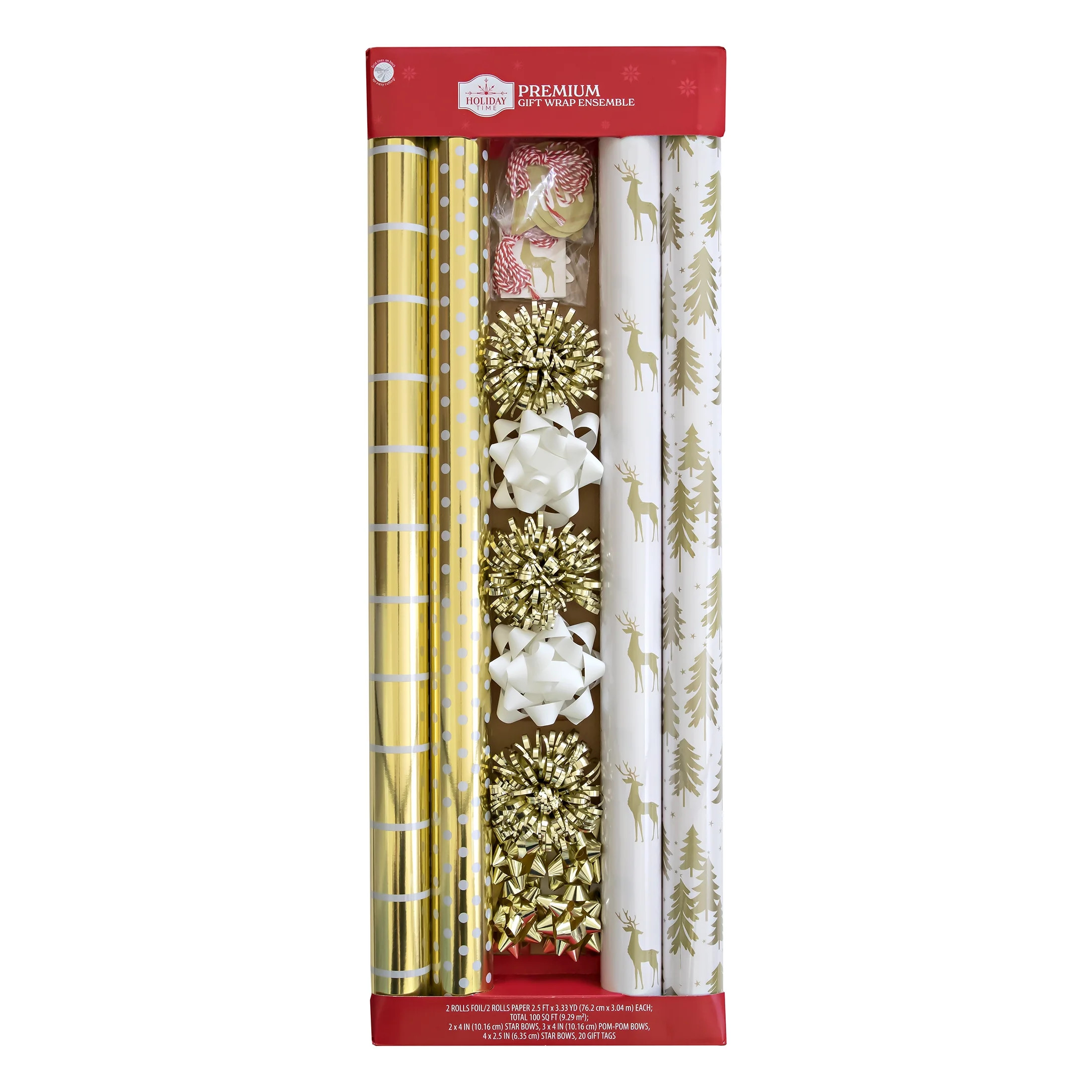 Holiday Time Premium Christmas Wrapping Paper Pack, 100 Sqft, 33 Pieces, Gold and White | Walmart (US)