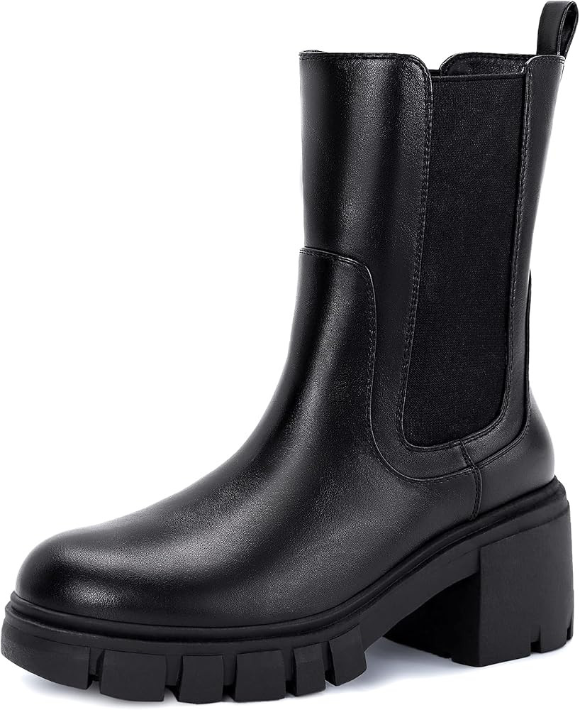 Women's Chelsea Platform Mid Calf Boots Lug Sole Chunky Heel Elastic Leather Booties | Amazon (US)