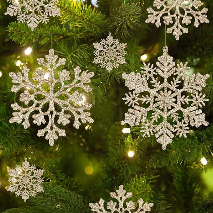 36pcs Christmas Snowflake Ornaments Plastic Glitter Snowflakes Ornaments for Xmas Tree Decoration... | Amazon (US)