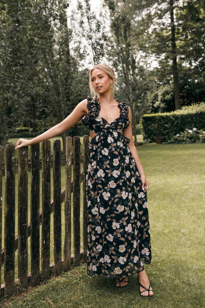 Lucah Frill Shoulder Maxi Dress - Black Floral | Petal & Pup (US)