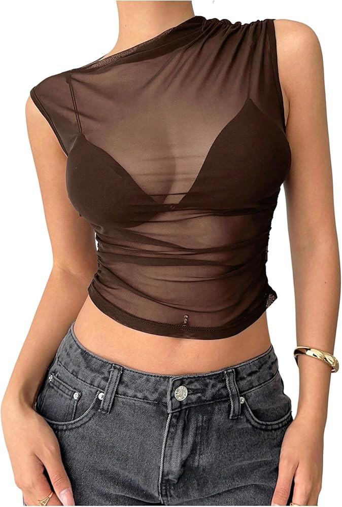 Milumia Women's Asymmetrical Neck Sheer Mesh Tops See Through Tank Crop Top Rave Club Party | Amazon (US)