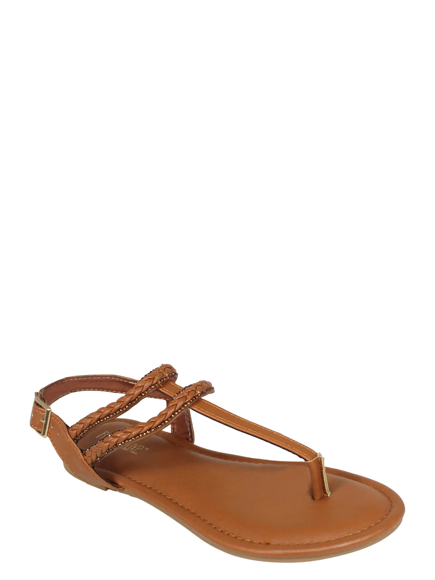 Fifth & Luxe Women's Rhinestone Braided T-Strap Flat Sandals, Sizes 6-11 | Walmart (US)