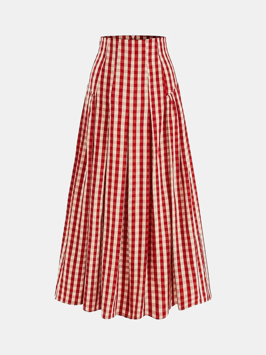 Gingham High-Waisted Pleated Midi Skirt | Commense