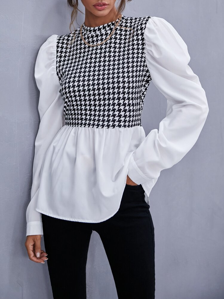 Houndstooth Gigot Sleeve Peplum Top | SHEIN