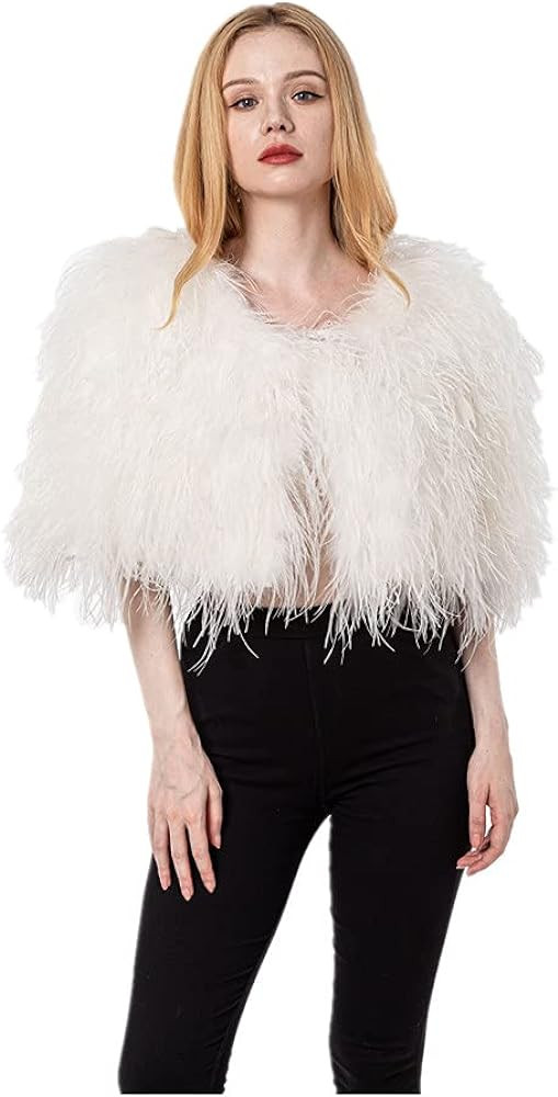 Women Ostrich Fur Feather Small Shawl Cape for Wedding for Party Bride Furry White Color Blush Fl... | Amazon (US)