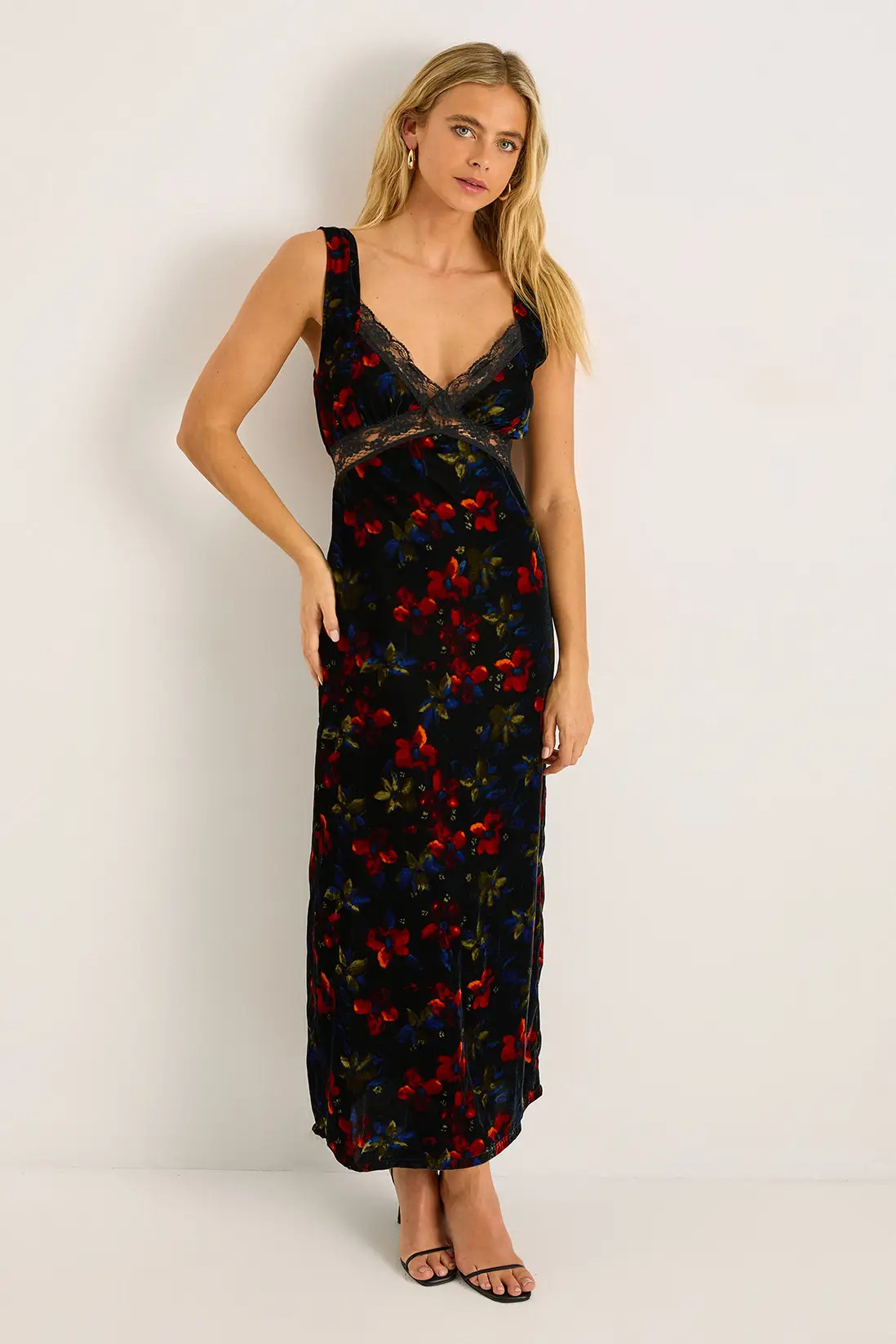 Velvet Floral Lace Insert Button Back Cut Out Maxi Dress | Nasty Gal US
