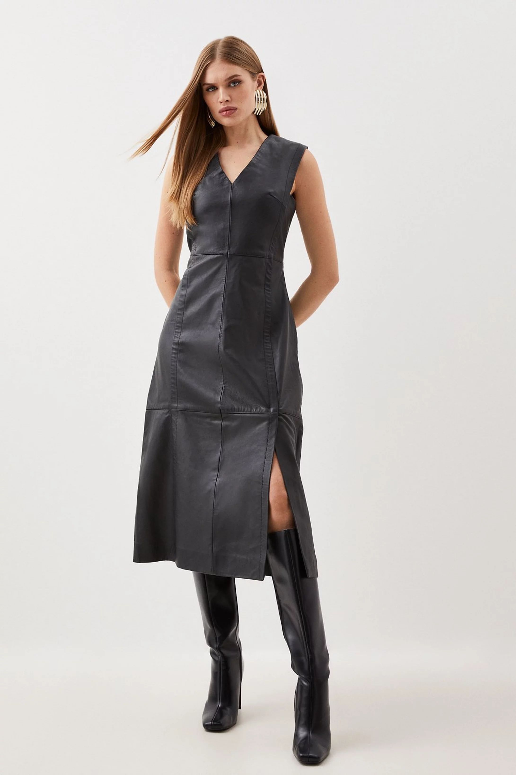 Leather Sleeveless Midi Dress | Karen Millen US