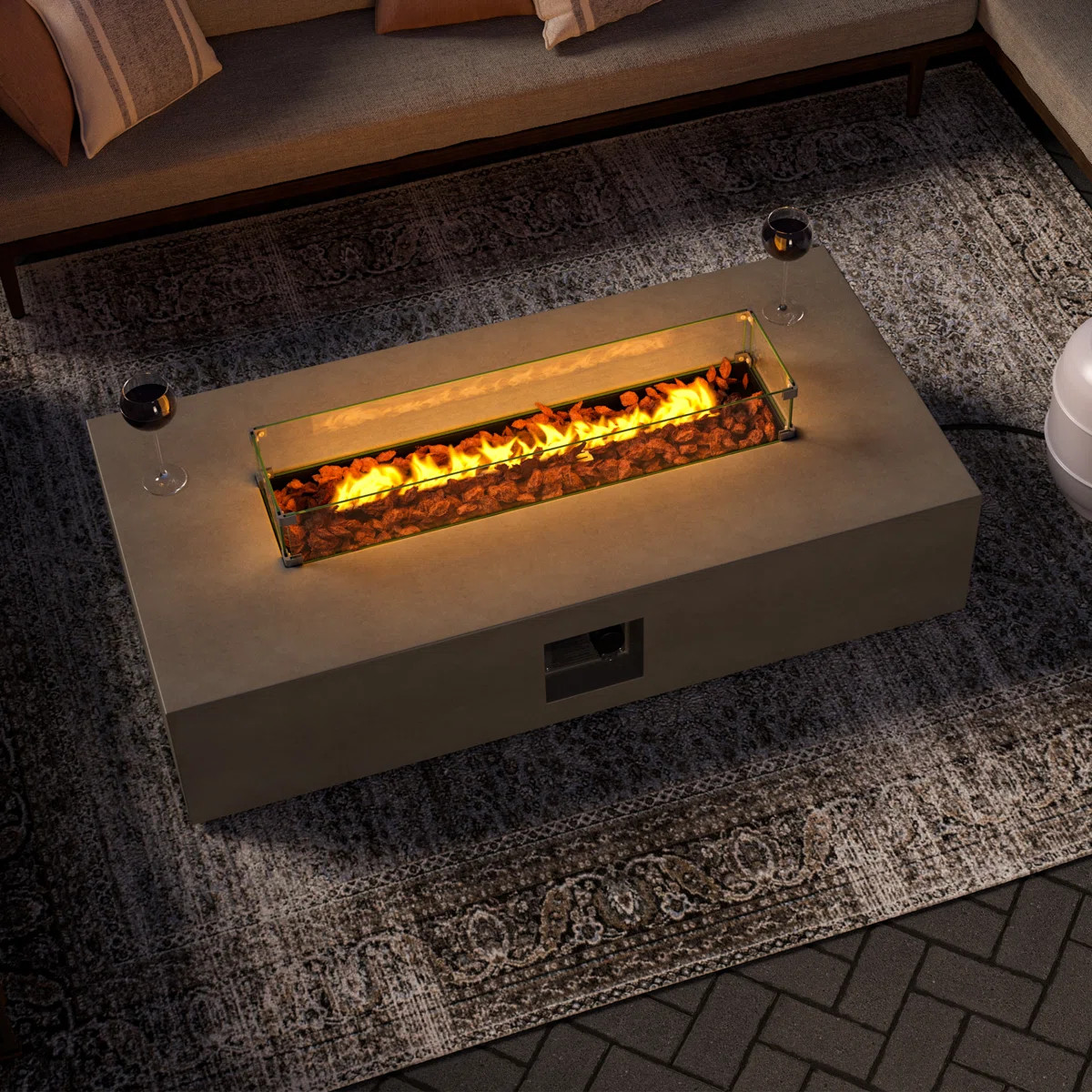 56"W Outdoor Concrete Propane Fire Pit Table With Glass Wind Guard | Wayfair North America