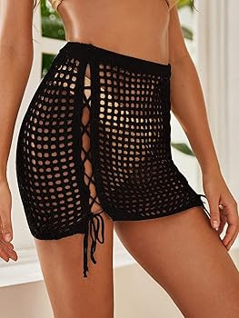 SOLY HUX Women's Cover Up Elastic Waist Tassel Crochet Hollow Out Sheer Beach Swimwear Mini Skirt | Amazon (US)