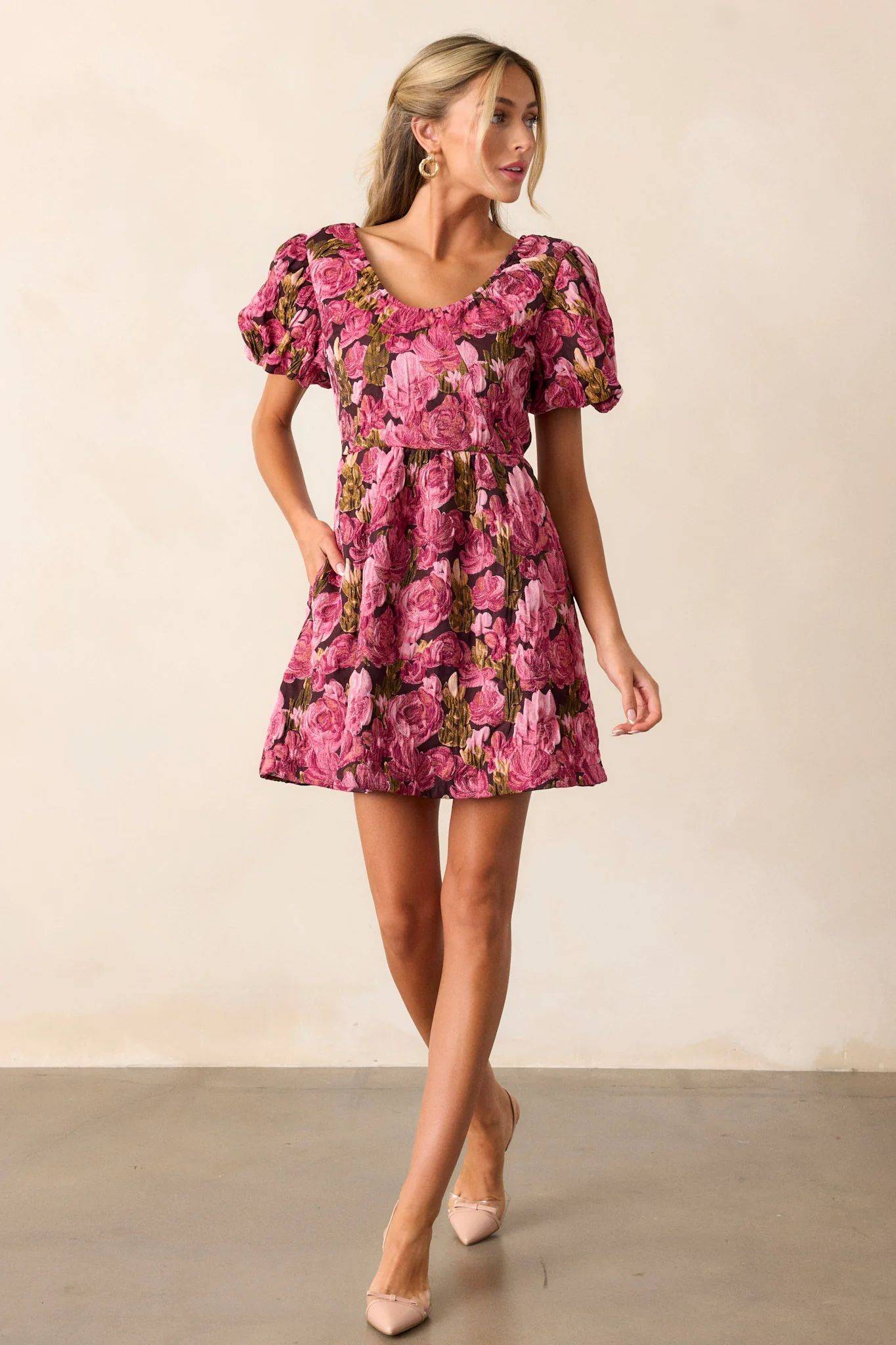 Change Of Pace Berry Floral Jacquard Puff Sleeve Mini Dress | Red Dress