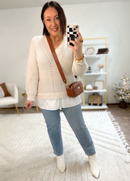 New shaker stitch layered sweater from Walmart!  Plus sizing. Wearing a 0X. Size 14 straight jeans. How cute is this new crossbody bag?  Love this look together  

#LTKmidsize #LTKSeasonal #LTKfindsunder50